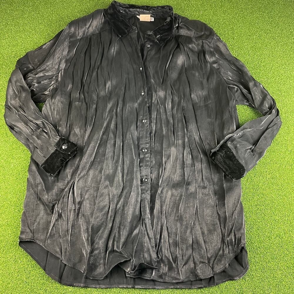 Vintage Dena Lauren Black Long Sleeve Pleated Velour Trim Shirt Sz 2X